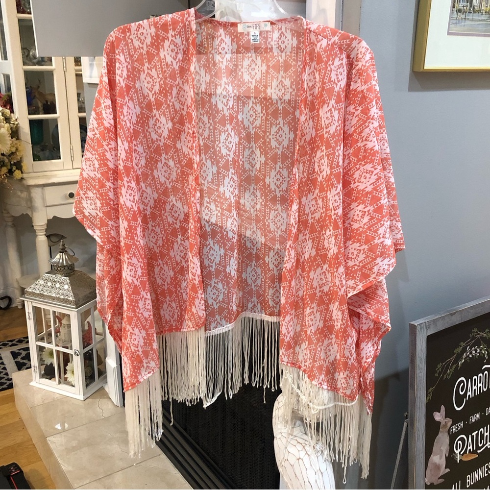 NEW Love Fire Aztec Western Coral Fringe Boho Short Sleeve Cardigan Duster Top